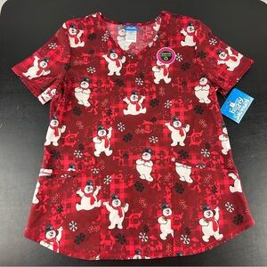 Scrubstar Women's Frosty the Snowman Size Medium Jolly Red Plaid Print Scrub Top